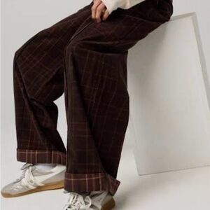 Aerie Brown Plaid Wide Leg Pants